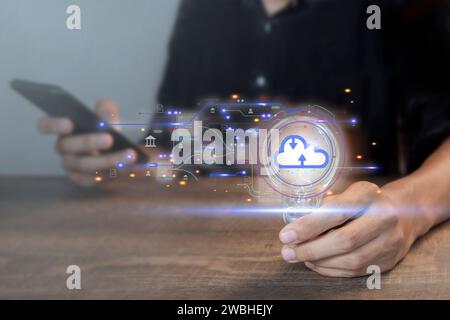 Business hands with icons of cloud computing, cloud storage and data transfer, cloud network, cloud technology internet service network concept Stock Photo