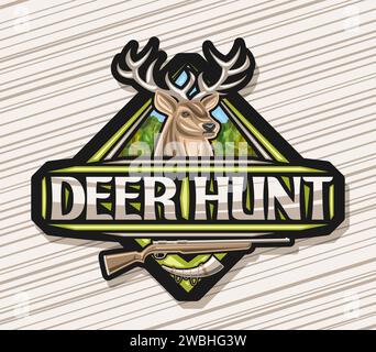 Vector logo for Deer Hunt, black rhomb label with illustration of white-tailed deer head on trees background, decorative retro sign board for hunting Stock Vector