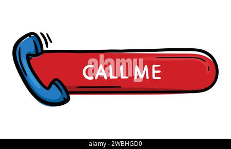 Bright Red Oval Sticker Button For Design Doodle Hand Drawn With Telephone Icon And Text Call Me Stock Vector