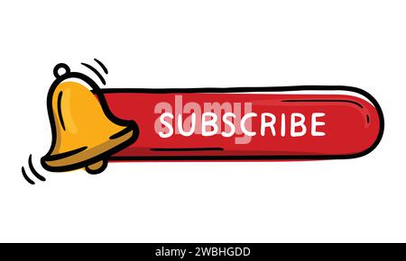 Bright Red Oval Sticker Button For Design Doodle Hand Drawn With Bell Icon And Text Subscribe Stock Vector