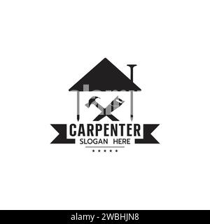 Carpenter Logo template with House,Saw, Hammer Construction Building Carpentry logo concept on white background Vector illustration Stock Vector