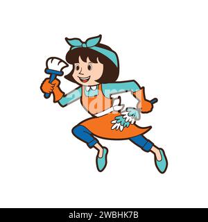 Cute cartoon Housekeeper Maid Logo Sign ,House Cleaning and Maid Service Woman Mascot Logo on white background vector illustration Stock Vector