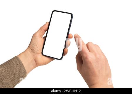 Man using a blank screen smartphone isolated on white background Stock Photo