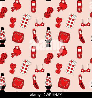 Seamless pattern with Vintage stickers. Concept Valentine's day. Stock Vector