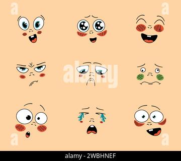Cartoon faces anime emotion effect. Happy and sad mood facial expressions. Different moods vector set Stock Vector
