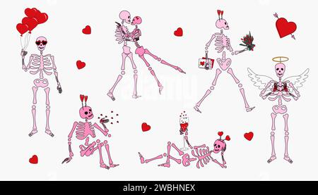 Set of Funny Skeletons with decor for Valentine's day. Cute character Skeleton Bones Stock Vector