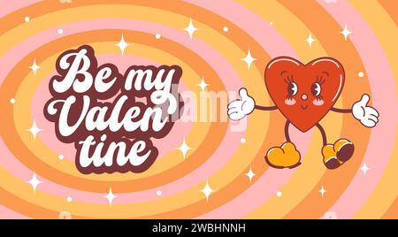 Horizontal banner for Valentines Day. Funny cute smiling heart character with face. Comic elements in trendy old retro cartoon style. For advertising, Stock Vector