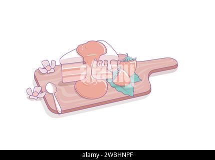Slice of strawberry pie cake on wood cutting board delicious dessert on white background vector illustration Stock Vector