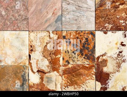 Horizontal background or texture for interior or design. Old nature stone wall with small square parts of marble granite. Stock Photo