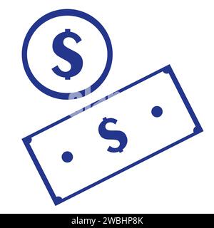 Dollar banknote and coin. Money and medal for clip art isolated on white. Illustration finance concept in flat style, bank note and medal dollar. Gold Stock Vector