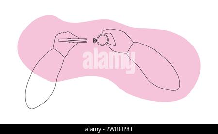 Outline Jeweler hands Holding Ring and tweezers. Jewelry making Vector Silhouette illustration. Line art style icon design with Pink background, Isola Stock Vector