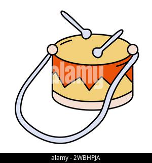 Cute drum with belt and drumsticks in vintage retro style in orange and yellow pastel colors. Vector illustration in cartoon style isolated on white b Stock Vector
