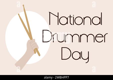 Hand holding Wooden drum stick. National Drummer day Card. Crossed wooden drumsticks. Isolated Design element. Music concept. Vector llustration in fl Stock Vector