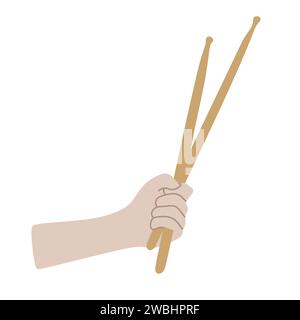 Vector illustration of Hands holding Drumsticks. Fist with Drum sticks isolated on white. Flat style Musical concept, Drummer day Postcard element, De Stock Vector