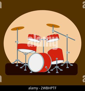 Drum kit on a Stage. Drums, Musical instruments Set in Flat Cartoon style. Vector Percussion illustration. Graphic Design for T-Shirt, Studio Logo, Ro Stock Vector