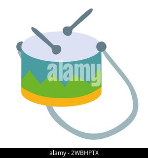 Cute drum with belt and drumsticks in vintage retro style in blue and green pastel colors. Vector illustration in cartoon style on white isolated back Stock Vector