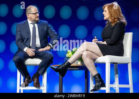 Las Vegas, USA. 10th Jan, 2024. Cristiano Amon (L), President and CEO of Qualcomm, and Liz Claman, Anchor, FOX Business Network, speak at a keynote address during CES 2024 - Day 1 at the Venetian casino and resort in Las Vegas, NV on January 10, 2024. (Travis P Ball/Sipa USA) Credit: Sipa USA/Alamy Live News Stock Photo