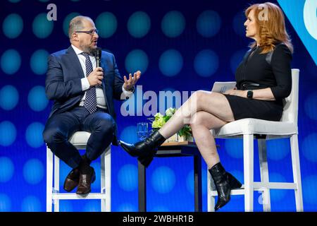 Las Vegas, USA. 10th Jan, 2024. Cristiano Amon (L), President and CEO of Qualcomm, and Liz Claman, Anchor, FOX Business Network, speak at a keynote address during CES 2024 - Day 1 at the Venetian casino and resort in Las Vegas, NV on January 10, 2024. (Travis P Ball/Sipa USA) Credit: Sipa USA/Alamy Live News Stock Photo