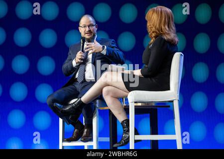 Las Vegas, USA. 10th Jan, 2024. Cristiano Amon (L), President and CEO of Qualcomm, and Liz Claman, Anchor, FOX Business Network, speak at a keynote address during CES 2024 - Day 1 at the Venetian casino and resort in Las Vegas, NV on January 10, 2024. (Travis P Ball/Sipa USA) Credit: Sipa USA/Alamy Live News Stock Photo