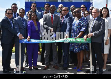(240111) -- PORT OF SPAIN, Jan. 11, 2024 (Xinhua) -- Trinidad and Tobago's Prime Minister Keith Rowley (4th L, front), Foreign Minister Amery Browne (2nd L, front), Minister of Trade and Industry Paula Gopee-Scoon (3rd L, front), Chinese Ambassador to Trinidad and Tobago Fang Qiu (1st L, front) and other officials attend the launch ceremony of the Phoenix Park Industrial Estate in Point Lisas, the second-largest port in Trinidad and Tobago, Jan. 10, 2024. The Phoenix Park Industrial Estate, a flagship project of China-Trinidad and Tobago cooperation under the Belt and Road Initiative, was offi Stock Photo