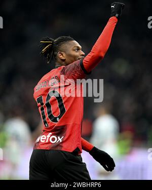 Milan, Italy. 10th Jan, 2024. AC Milan's Rafael Leao celebrates his goal during the Italian Cup quarterfinal soccer match between AC Milan and Atalanta in Milan, Italy, Jan. 10, 2024. Credit: Valeria Abis/Xinhua/Alamy Live News Stock Photo