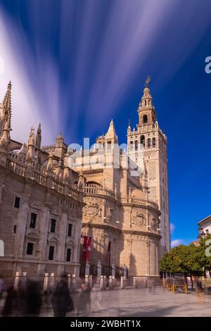Long exposure of the iconic La Giralda tower of the basilica in the centre of Seville. Stock Photo