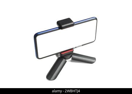 Blank screen martphone on table tripod isolated Stock Photo