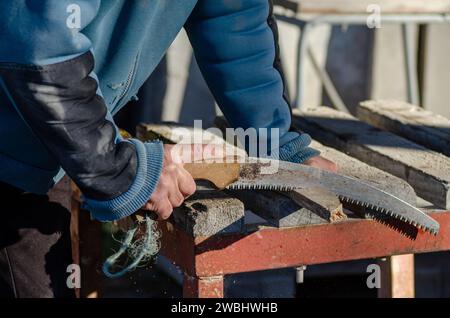hand of a man using a saw, sawing a piece of wood Stock Photo