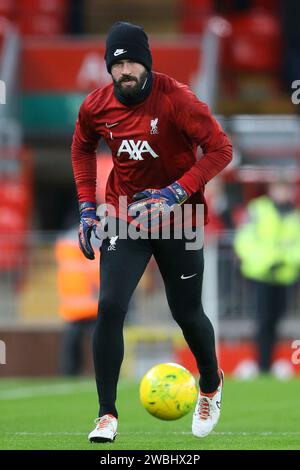 Liverpool, UK. 10th Jan, 2024. Alisson Becker the goalkeeper of Liverpool during the warm up. Carabao Cup, EFL Cup, semi final 1st leg match, Liverpool v Fulham at Anfield in Liverpool on Wednesday 10th January 2024. this image may only be used for Editorial purposes. Editorial use only. pic by Chris Stading/Andrew Orchard sports photography/Alamy Live news Credit: Andrew Orchard sports photography/Alamy Live News Stock Photo