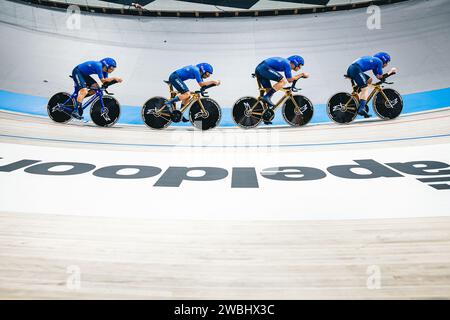 Apeldoorn, Netherlands. 10th Jan, 2024. Picture by Alex Whitehead/SWpix.com - 10/01/2024 - Cycling - 2024 UEC Track Elite European Championships - Omnisport, Apeldoorn, Netherlands - Men's Team Pursuit Qualifying - Davide Boscaro, Simone Consonni, Francesco Lamon and Jonathan Milan of Italy. Miche components. Credit: SWpix/Alamy Live News Stock Photo