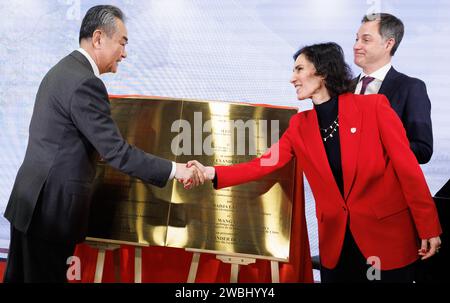 Peking, China. 11th Jan, 2024. Foreign minister Hadja Lahbib and Prime Minister Alexander De Croo pictured during the opening of the new embassy to Belgium in Beijing, China, Thursday 11 January 2024. Lahbib and De Croo are on an official visit (10-13/01) to the People's Republic of China. BELGA PHOTO BENOIT DOPPAGNE Credit: Belga News Agency/Alamy Live News Stock Photo