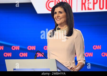 Des Moines, United States. 10th Jan, 2024. Nikki Haley participates in CNN's Republican Presidential Primary Debate at Drake University before the Iowa caucuses. CNN Republican Presidential Primary Debate with Nikki Haley and Ron DeSantis at Drake University in Des Moines. Credit: SOPA Images Limited/Alamy Live News Stock Photo