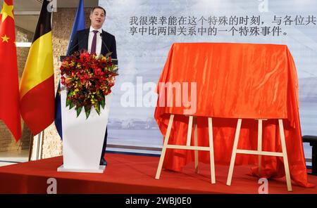 Peking, China. 11th Jan, 2024. Belgian Prime Minister Alexander De Croo delivers a speech at the opening of the new embassy to Belgium in Beijing, China, Thursday 11 January 2024. Lahbib and De Croo are on an official visit (10-13/01) to the People's Republic of China. BELGA PHOTO BENOIT DOPPAGNE Credit: Belga News Agency/Alamy Live News Stock Photo