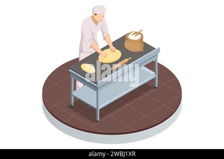 Isometric concept of Industrial bread production. Automatic bakery production line. Fresh hot baked bread. Stock Vector
