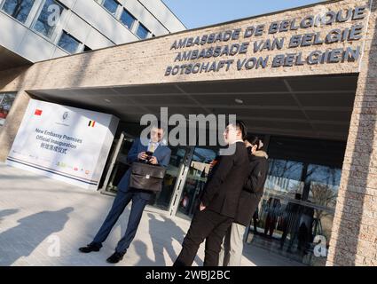 Peking, China. 11th Jan, 2024. Security pictured outside the opening of the new Belgian embassy in Beijing, China, Thursday 11 January 2024. Lahbib and De Croo are on an official visit (10-13/01) to the People's Republic of China. BELGA PHOTO BENOIT DOPPAGNE Credit: Belga News Agency/Alamy Live News Stock Photo