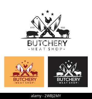 Meat Knife with a Symbol of Cow Pork Chicken . Butcher shop logo design vector Butchery Deli Beef Meat Shop Market Vintage Hipster Retro Logo Design T Stock Vector