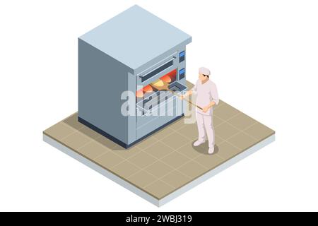 Isometric concept of Industrial bread production. Automatic bakery production line. Fresh hot baked bread. Stock Vector