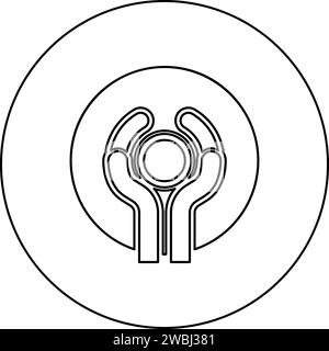 Pottery craft art workshop concept potter sculpts clay pot on potter's wheel use hand arm ceramist idea icon in circle round black color vector Stock Vector