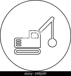 Sloopkraan building machine demolish wrecking ball crane truck icon in circle round black color vector illustration image outline contour line thin Stock Vector