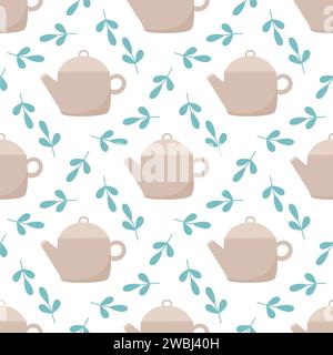 Teapots and tea leaves seamless pattern. Tea party background. Tea green leaves and teapot print for textile, paper, packaging and design, vector Stock Vector
