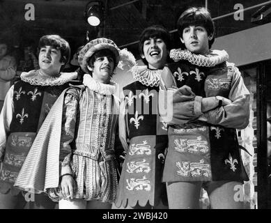 The Beatles, George Harrison, Paul McCartney, John Lennon, Ringo Starr in medieval costumes for the TV show 'Around the Beatles'. Broadcast 6 May 1964. Stock Photo