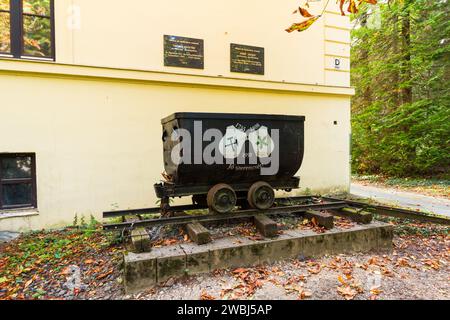 Old coal mining wagon on display in University of Sopron, Sopron, Hungary Stock Photo