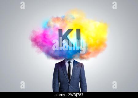 A Person's Head Covered in a Colorful Cloud Labeled KI (German for AI) Stock Photo