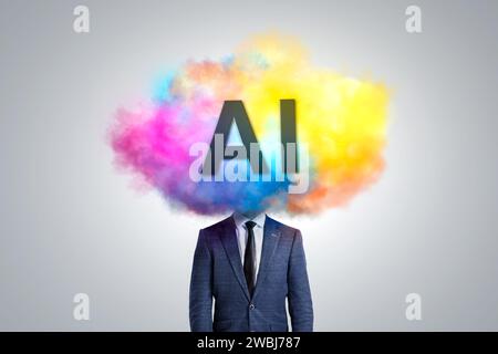 A Person's Head Covered in a Colorful Cloud Labeled AI Stock Photo