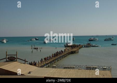 Beautiful beach on the Red Sea near Hurghada, Egypt on a hot summer day. Stock Photo