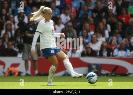Alex Greenwood passes ball during England Lionesses women's football team v Portugal, at Stadium MK, Milton Keynes, 1 July 2023 Stock Photo
