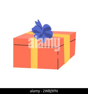 Pink box with blue bow in cartoon style. Vector illustration isolated, can used for greeting card, sale banner, poster.  Stock Vector