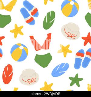 Summer beach pattern with cute bikini, hat, flip-flop and starfish. Hand drawn flat cartoon elements. Vector illustration Stock Vector