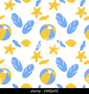 Summer marine pattern with cute corals, leaves, shells and starfish. Hand drawn flat cartoon elements. Vector illustration Stock Vector