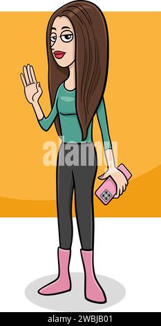 Cartoon illustration of funny young woman or girl comic character with smart phone Stock Vector